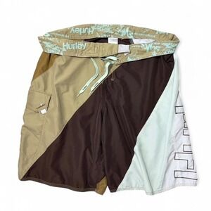 Vintage Y2K Hurley Board Shorts Size XL Brown & Teal Swimwear Surf Style